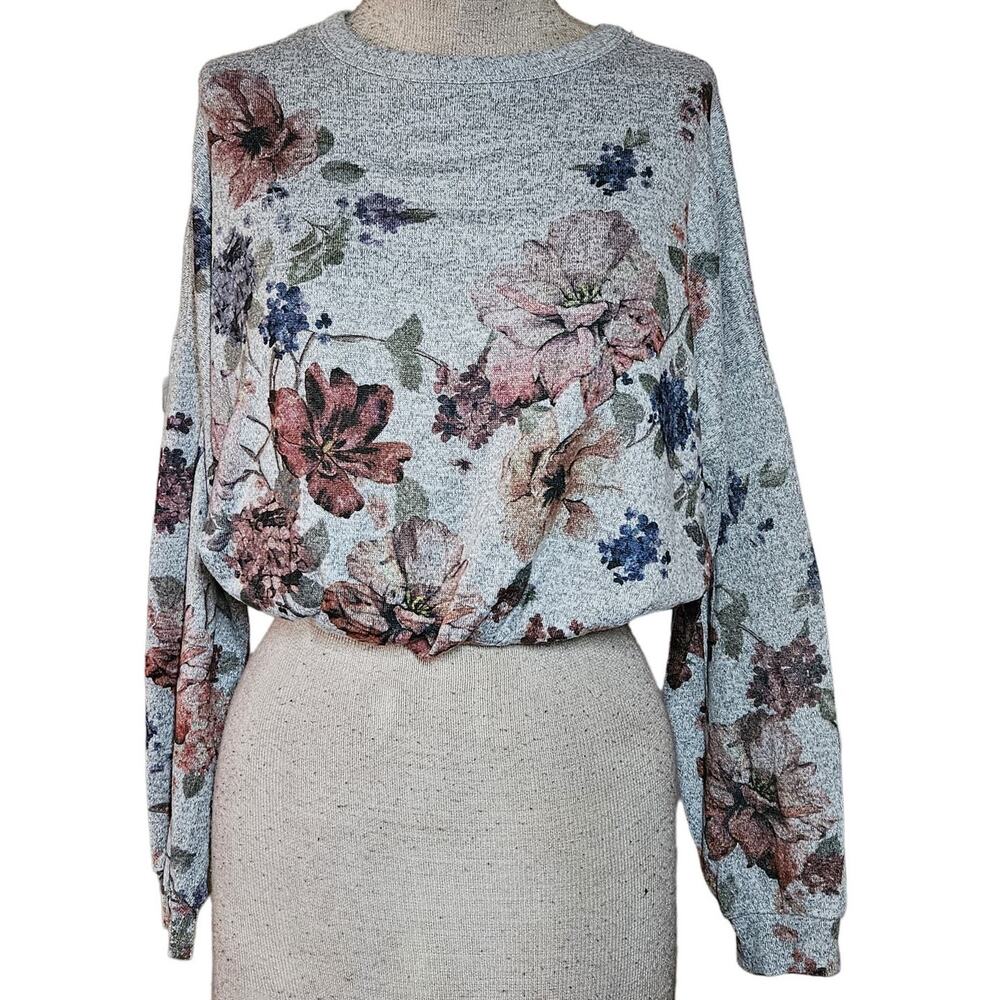 Grey Floral Elastic Waist Sweater Size XS